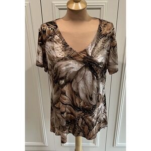 Vtg Dressbarn Brown‎ Floral Stretch Blouse Gold Dots Y2K Artsy Forest Fairy